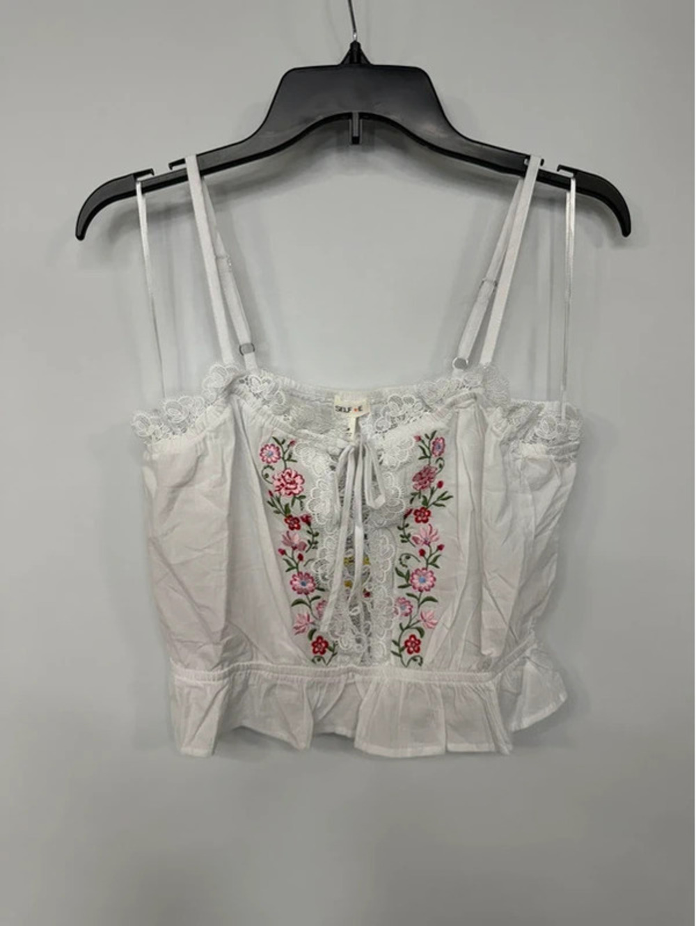Medium Self Esteem White Floral Embroidered Lace Peplum Cami Top